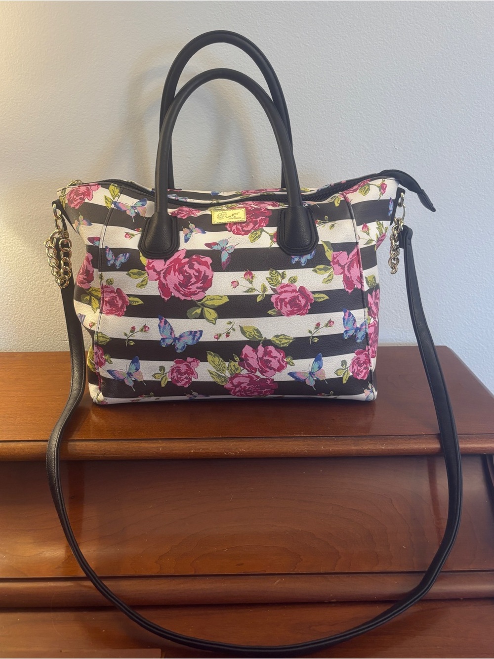 Betsey Johnson Striped Rose & Butterfly Floral Satchel Crossbody